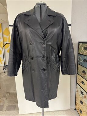 Women's Black Leather Double-Breasted Coat